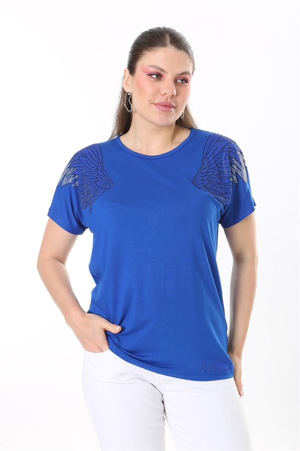 Kadın Büyük Beden Saks Angels Taş Detaylı Kısa Kollu Bluz 65N37675