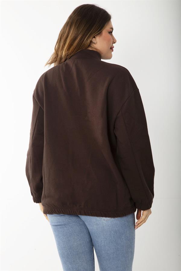 Kadın Büyük Beden Kahve İçi Şardonlu Ön Pat Fermuarlı Nakışlı Sweatshirt 65N37202