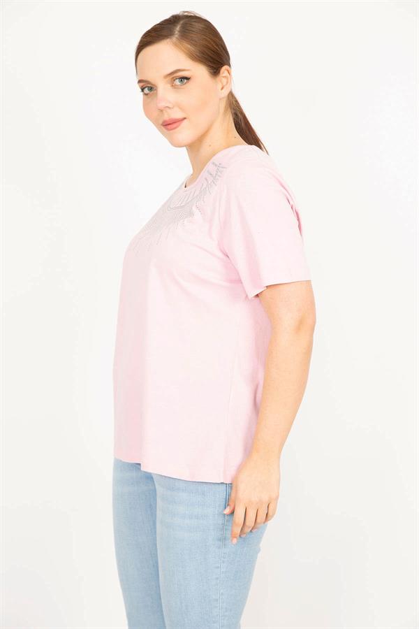 Kadın Pembe Büyük Beden Pamuklu Kumaş Yakası Sim Detaylı Bluz