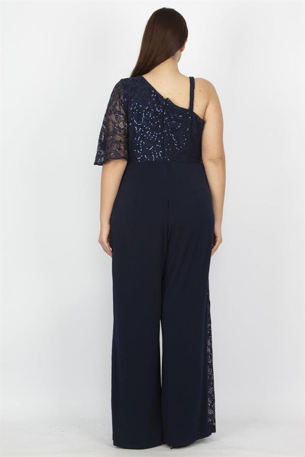 Kadın Lacivert Dantel Detaylı Tulum 65N19614