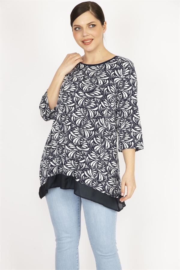 Kadın Lacivert Büyük Beden Etek Ucu Şifon Garnili Tunik