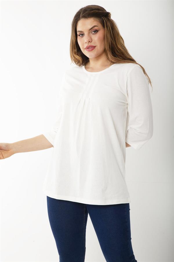 Kadın Büyük Beden Kemik Pamuklu Kumaş Pile Detaylı Kapri Kollu Bluz 65N37225