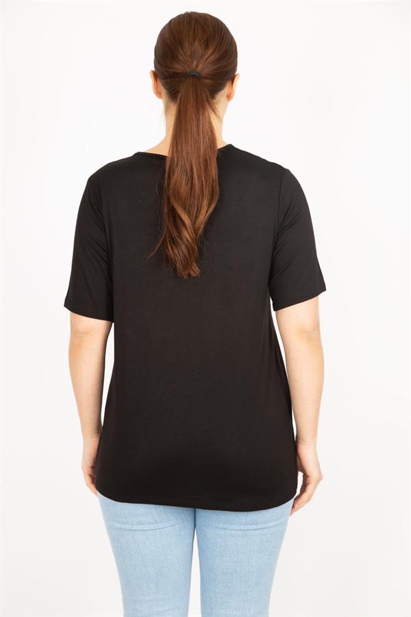 Kadın Saks Büyük Beden Bisiklet Yakalı Ön Baskılı Bluz