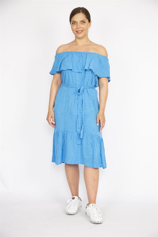 Kadın Mavi Büyük Beden Dokuma Viskon Kumaş Madonna Yaka Kuşaklı Elbise