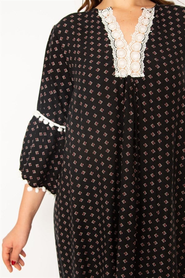 Kadın Renkli Dantel Detaylı Dokuma Viskon Kumaş Elbise 65N33210