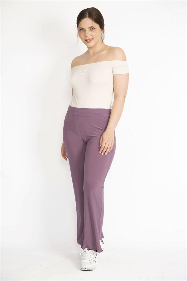 Kadın Lila Büyük Beden Likralı Buzy Kumaş Bel Lastikli Pantolon