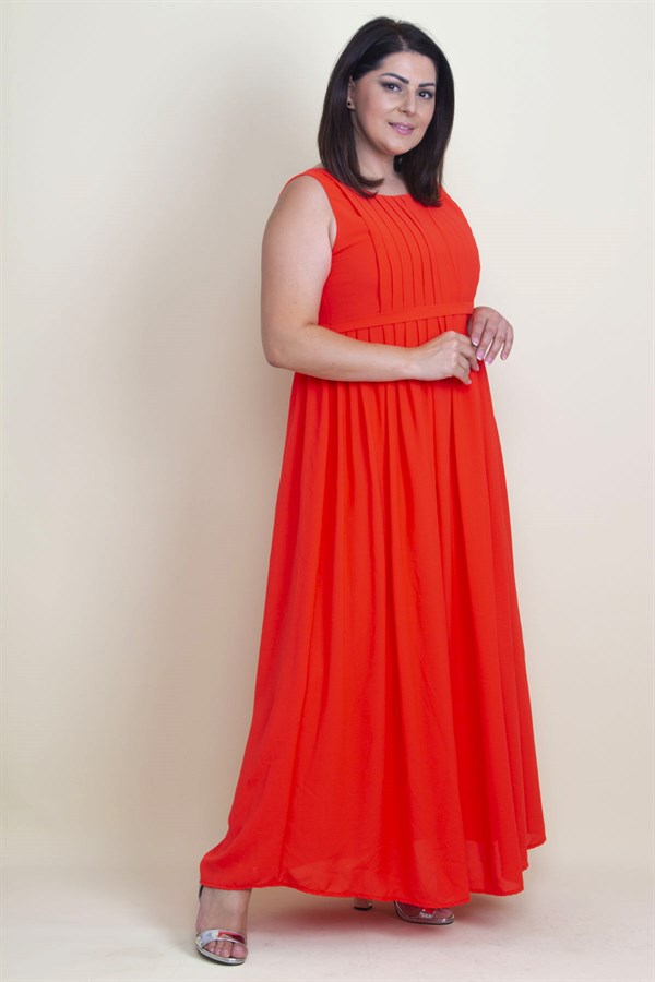 KADIN NAR PİLİSE DETAYLI ASTARLI UZUN KOLSUZ ELBİSE