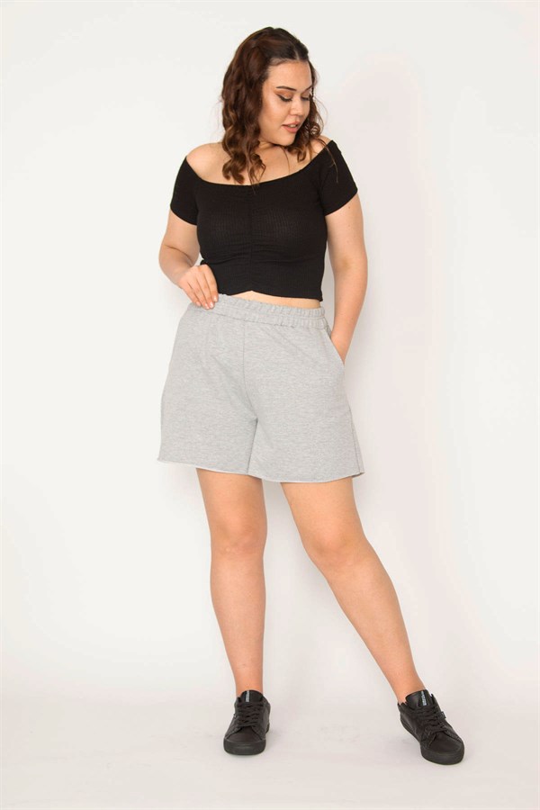 Kadın Gri Beli Lastikli Yan Cepli Şort 65N33176