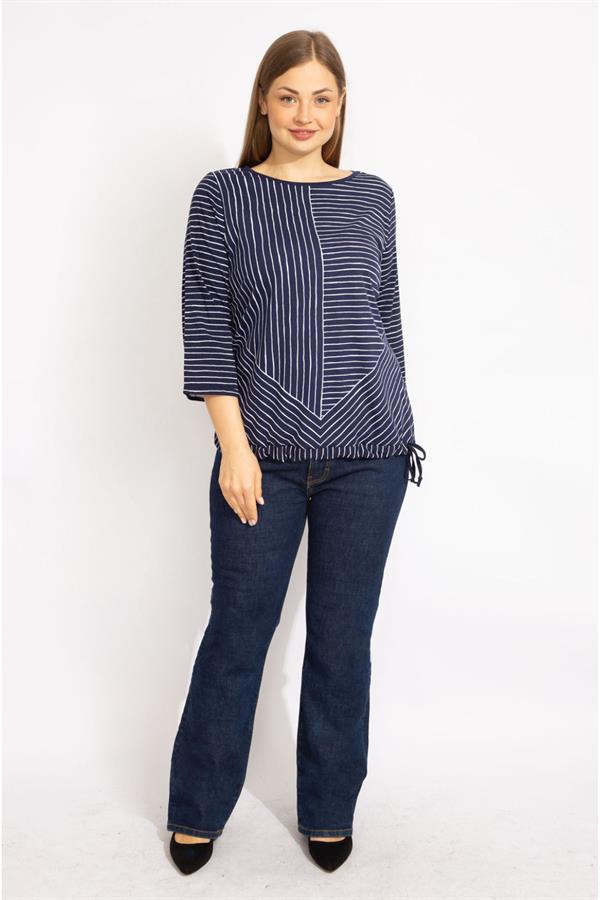 Kadın Lacivert Büyük Beden Pamuklu Kumaş Çizgi Kombinli Bluz 65N35571