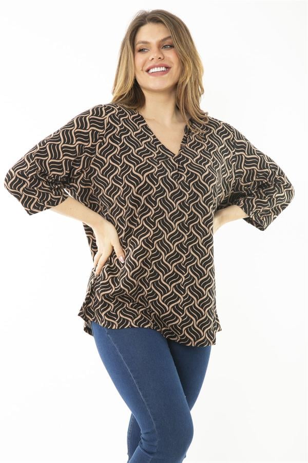 Kadın Büyük Beden Kahve Yaka Pileli Kapri Kollu Bluz 65N37147
