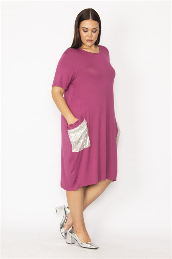 Kadın Bordo Cebi Payet Detaylı Viskon Elbise 65N28931