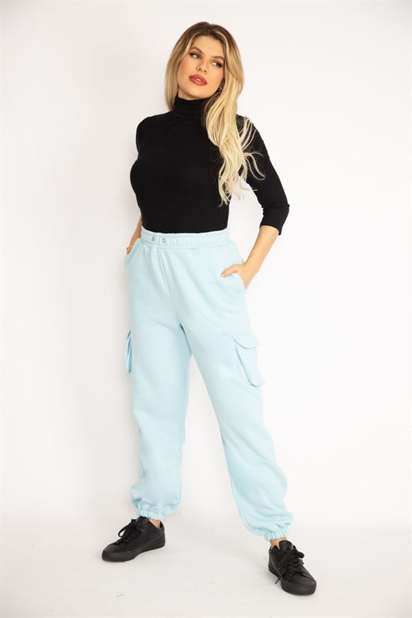 Kadın Mavi İçi Şardonlu 3 İplik Kargo Cepli Eşofman Alt 65N35097