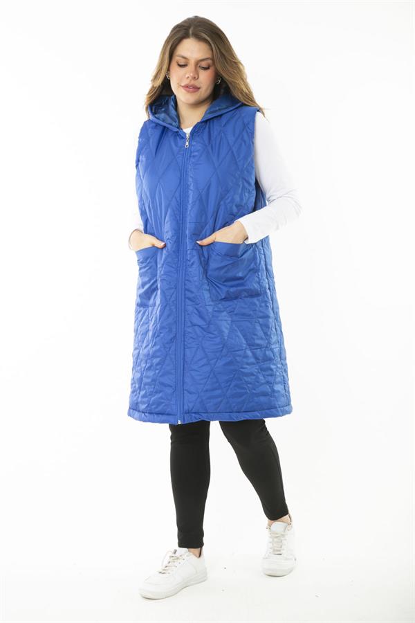 Kadın Büyük Beden Haki Ön Dermuarlı Kapşonlu Kapitone Astarlı Uzun Mont 65N37107