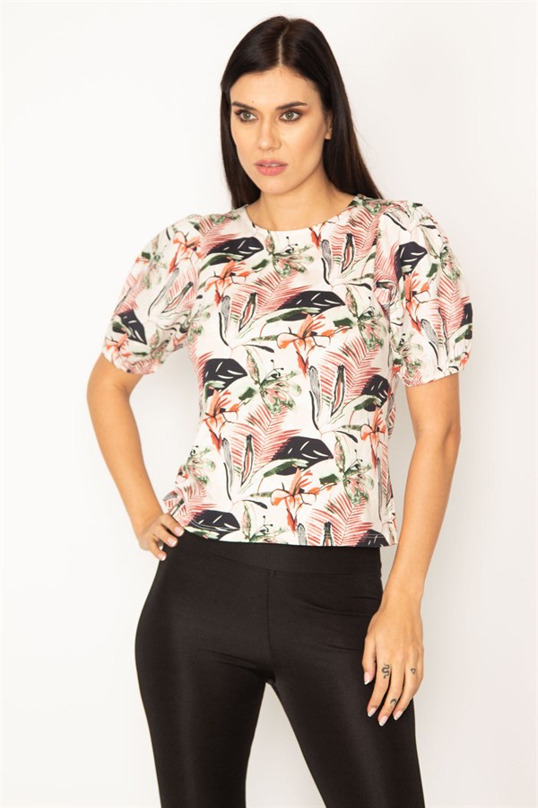 KADIN RENKLİ ÇİÇEK DESENLİ KOL DETAYLI BLUZ