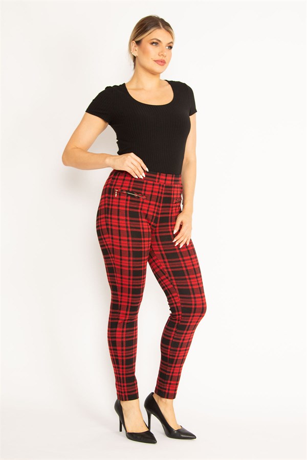 Kadın Kırmızı Ekose Desenli Süs Fermuar Cepli Tayt 65N34640