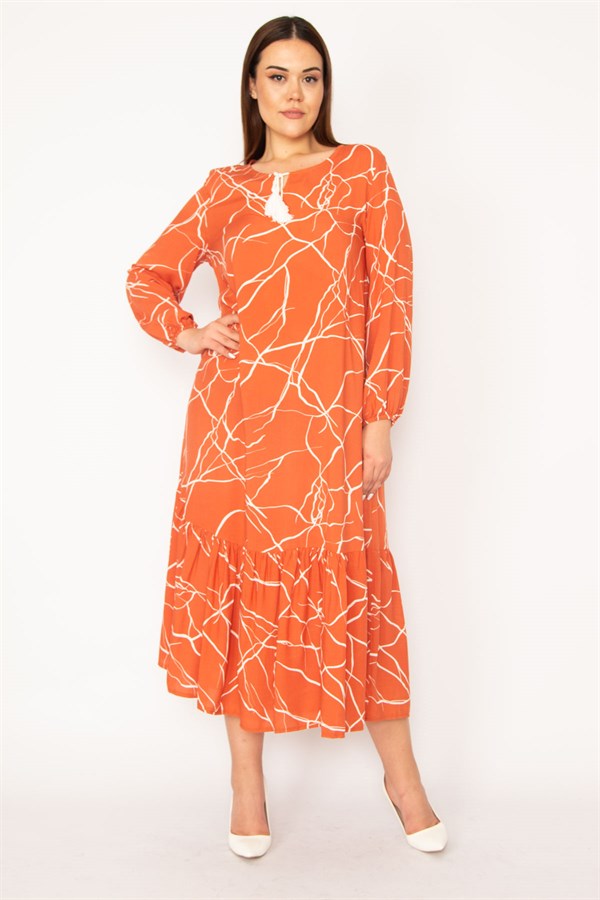 KADIN ORANJ DOKUMA VİSKON KUMAŞ UZUN KOLLU KATLI ELBİSE