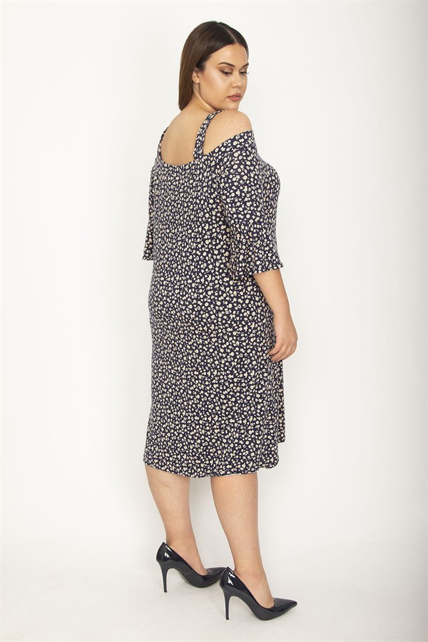 Kadın Lacivert Askılı Omuz Dekolteli Kol Ağzı Volanlı Viskon Elbise 65N26348