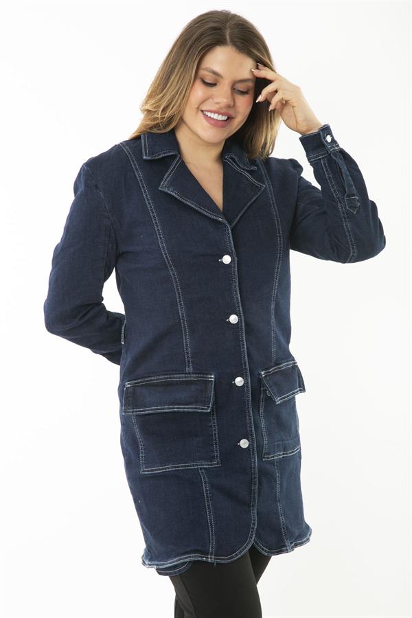 MANTEAU FEMME EN DENIM LYCRA BLEU MARINE AVEC BOUTON ET POCHE DEVANT