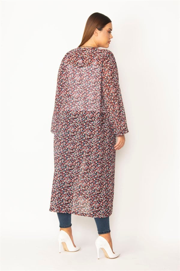 Kadın Kırmızı Şifon Kumaş Desenli Uzun Hırka 65N28497