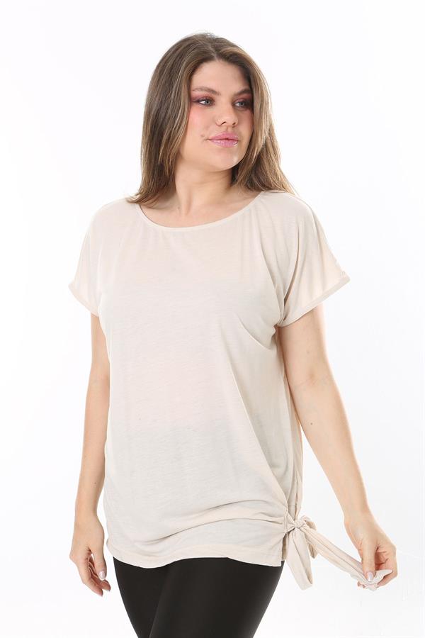 Kadın Büyük Beden Bej Yan Bağlamalı Bisiklet Yakalı Kısa Kollu Bluz 65N37849
