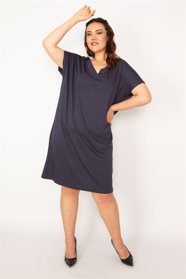 Kadın Lacivert V Yaka Düşük Kollu Elbise 65N33358