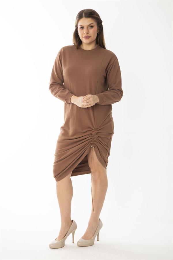 Kadın Büyük Beden Kemik Eteği Lastik Büzmeli Sweatshirt Elbise 65N37082