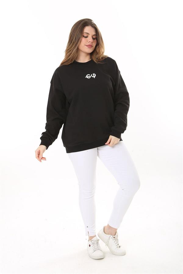 Kadın Büyük Beden Siyah Pamuk Kumaş Arka Baskılı Sweatshirt 65N37618
