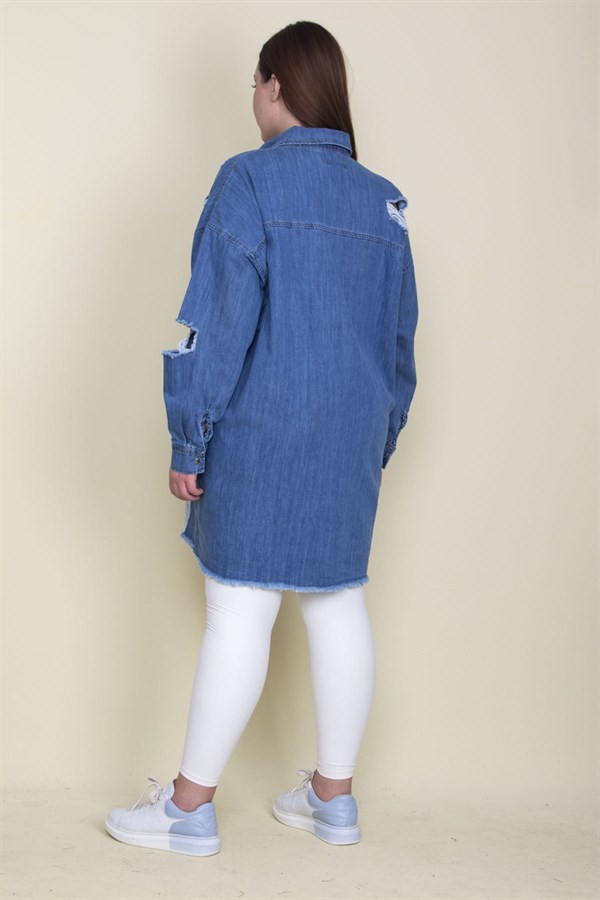 Kadın Mavi Yırtık Detaylı Salaş Kesim Oversize Kot Tunik Ceket 65N28046