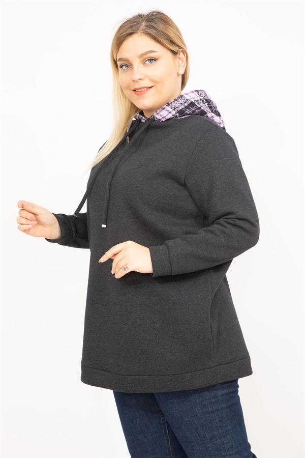 Kadın Füme Büyük Beden 3 İplik İçi Şardonlu Kapşonlu Sweatshirt 65N35750