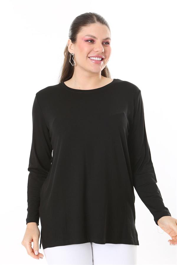 Kadın Büyük Beden Siyah Sırtı Taş Ve Pul Payet Tül Detaylı Uzun Kollu Bluz 65N37691