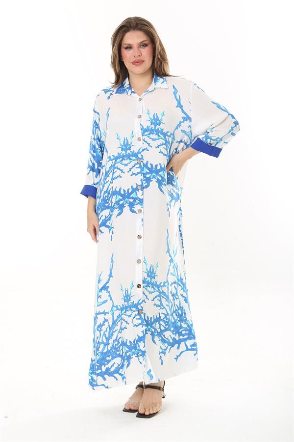 Kadın Büyük Beden Mavi Ön Boy Düğmeli Gömlek Yakalı Uzun Elbise 65N37875