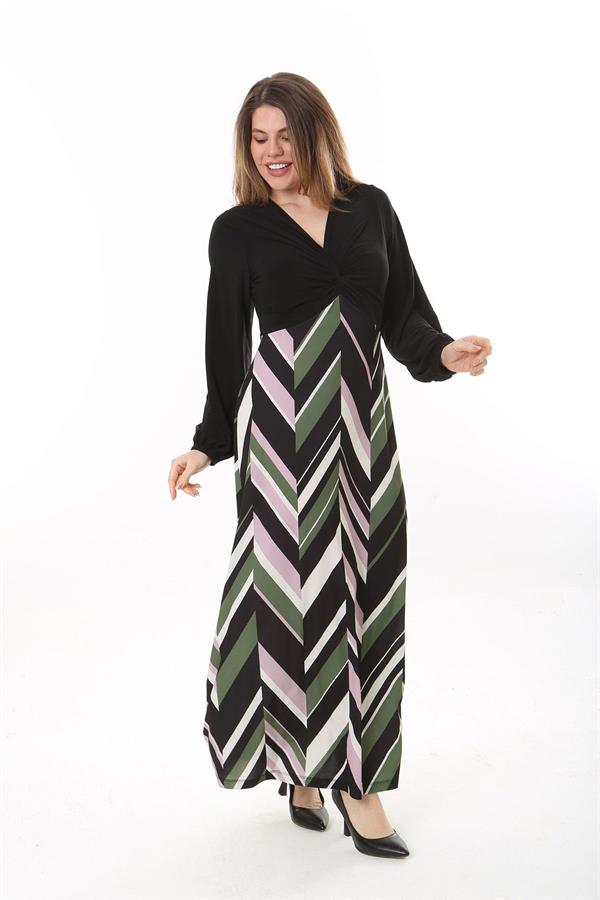 Kadın Büyük Beden Siyah Göğsü Büzgü Detaylı Uzun Kollu Elbise