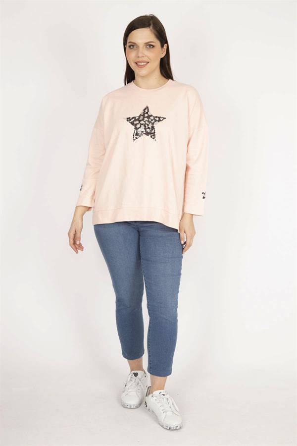 Kadın Pembe Büyük Beden Payet Detaylı Sweatshirt