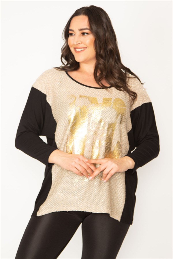 Kadın Siyah Önü Lak Baskı Detaylı İki Renkli Tunik 65N31028