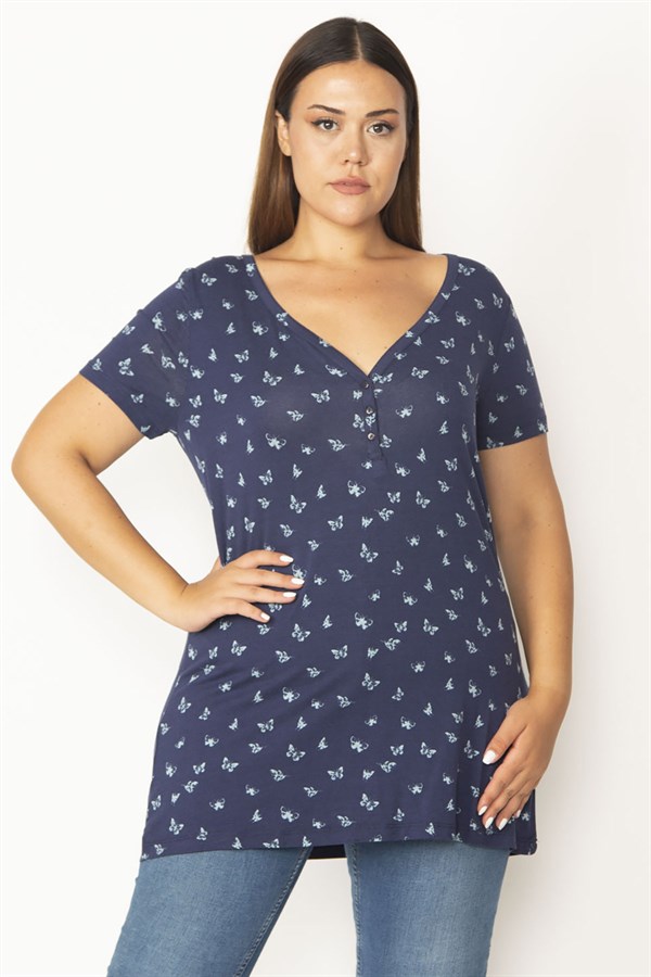 Kadın Lacivert Ön Pat Düğmeli V Yakalı Kelebek Desenli Bluz 65N27850