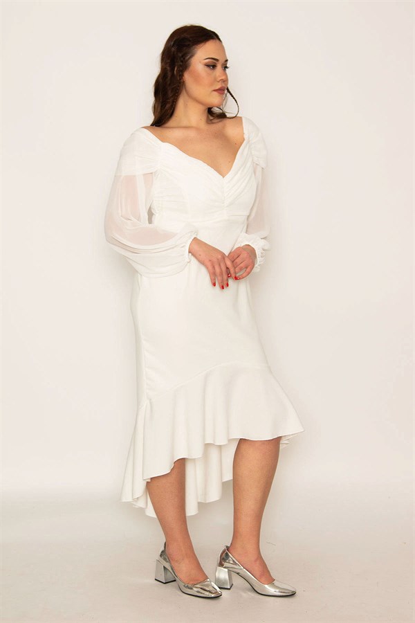 Kadın Kemik Göğüs Drapeli Kolları Şifon Eteği Volanlı Astarlı Abiye Elbise 85N7316