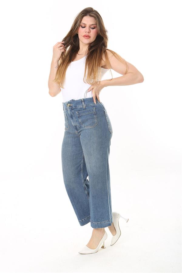 Kadın Büyük Beden Mavi Yüksek Bel 4 Cepli Likralı Kot Pantolon 65N37923