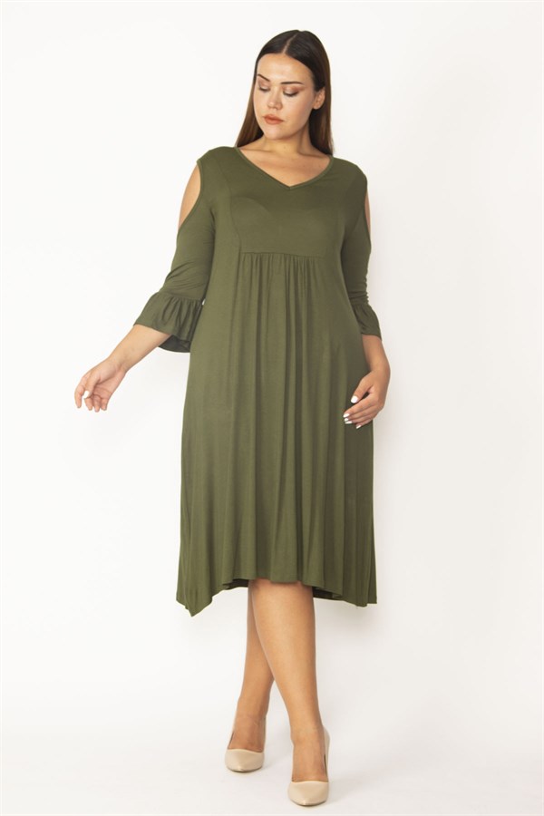 Kadın Haki Omuz Dekolteli Göğüs Büzgü Ve Kol Volan Detaylı Viskon Elbise 65N27447