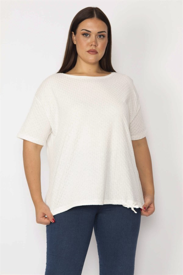 Kadın Kemik Önü Simli Nope Desen Etek Ucu Bağcık Detaylı Bisiklety Yaka Bluz 65N29112