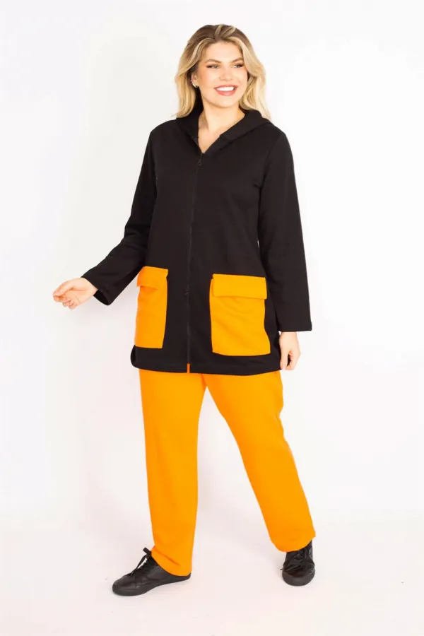 Kadın Büyük Beden Oranj-Siyah, Cep Kombinli Kapşonlu Ön Fermuarlı Sweatshirt Pantolon Takım 65N39162