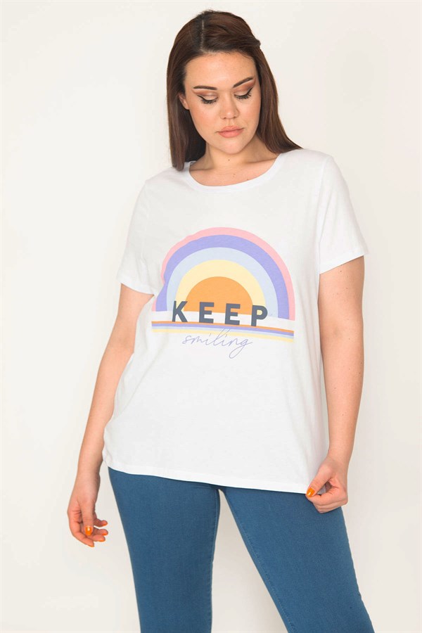 KADIN BEYAZ PAMUKLU KUMAŞ BİSİKLET YAKA ÖN BASKILI BLUZ