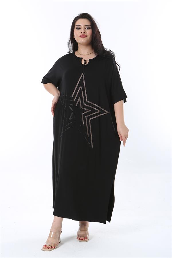 Kadın Büyük Beden Siyah Rahat Kesim Taş Detaylı Elbise 65N38202