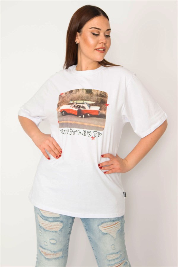 Kadın Beyaz Pamuklu Kumaş Dijital Baskılı Bluz 65N33276