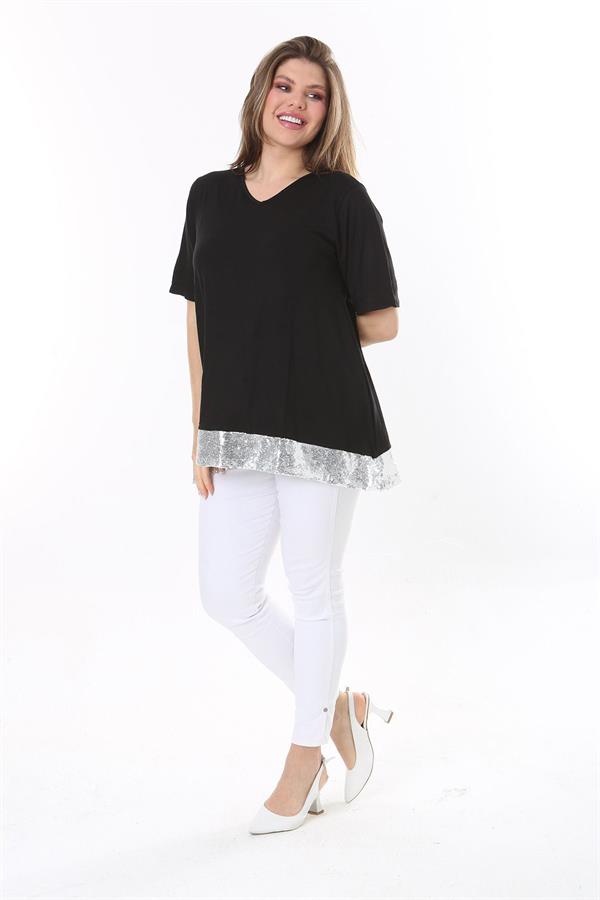 Büyük Beden Siyah Pul Payet Detaylı Bluz