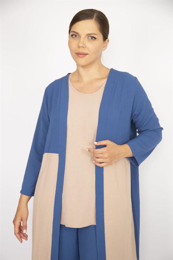 Kadın Büyük Beden İndigo Hırka İç Bluz Ve Pantolon Üçlü Takım