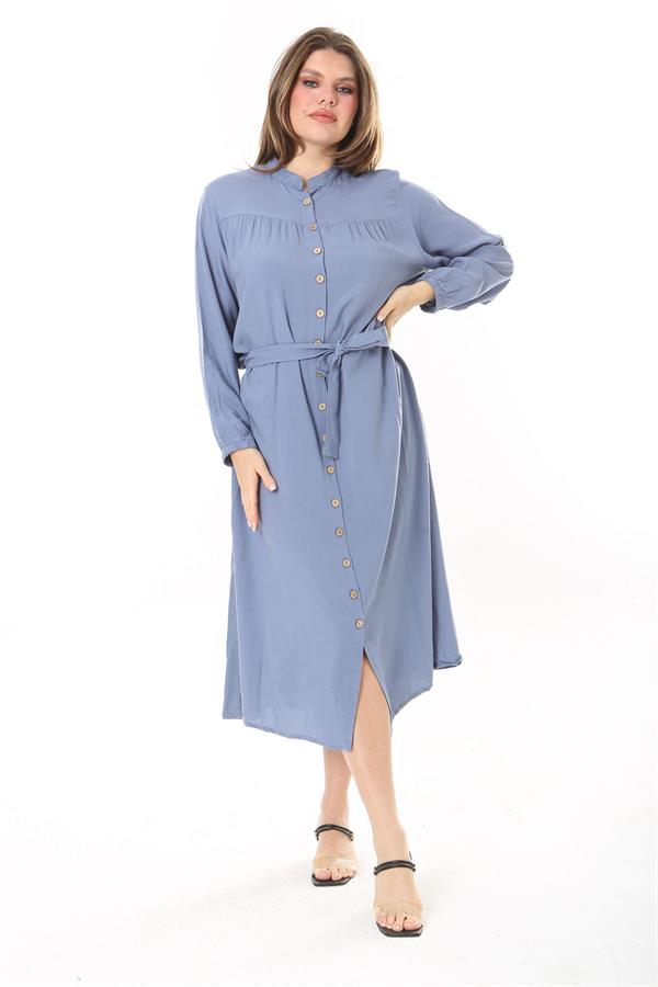 Kadın Lacivert Ön Düğmeli Roba Büzgülü Uzun Kuşaklı Elbise 65N37882