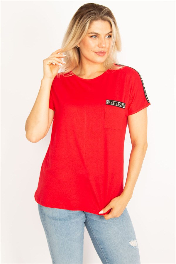 Kadın Kırmızı Omuz Ve Cep Ağzı Taş Detaylı Bluz 65N34524