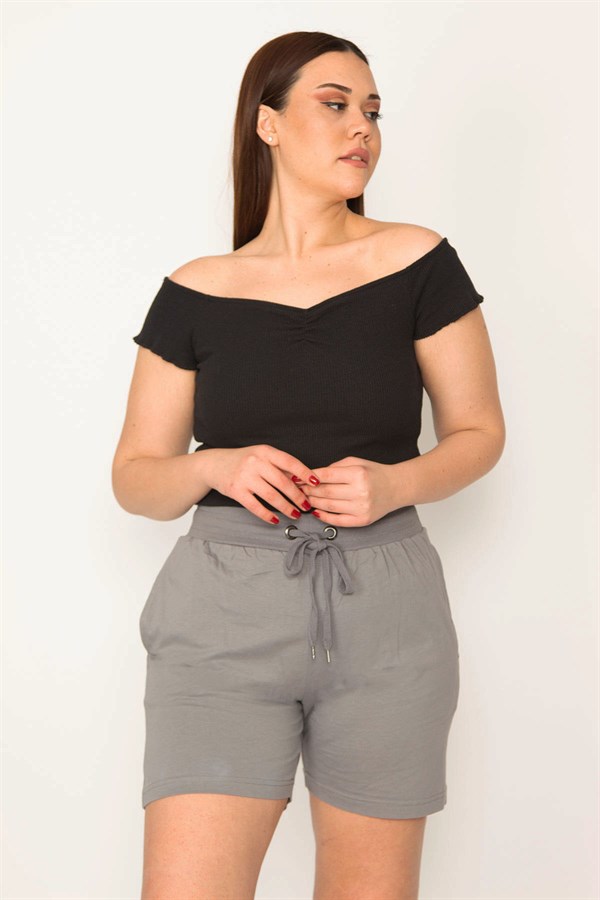Kadın Gri Pamuklu Kumaş Beli Lastik Ve Kuşgözü Bağcıklı Yan Cepli Şort 65N32349