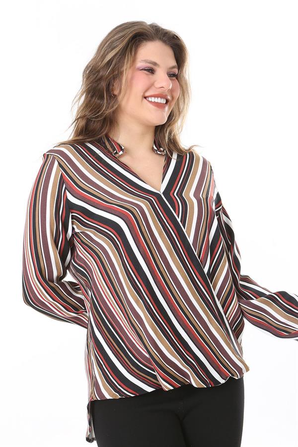 Kadın Büyük Beden Bej Dokuma Viskon Kumaş Kapalı Anvelop Bluz 65N37614