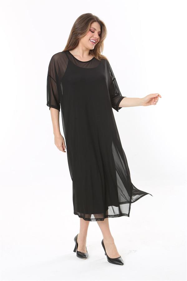 Kadın Büyük Beden Siyah İçi Askılı İki Parça Tül Elbise 65N37774